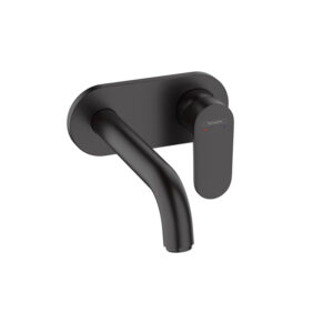 Vernis Blend 2-hole concealed basin mixer, wall mounted in matt black. Custom bathroom vanities with 3D builder for standalone basins.