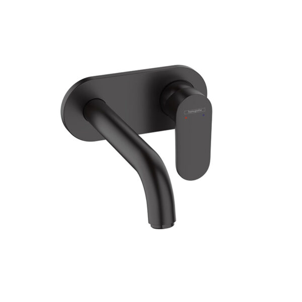 Vernis Blend 2-hole concealed basin mixer, wall mounted in matt black. Custom bathroom vanities with 3D builder for standalone basins.