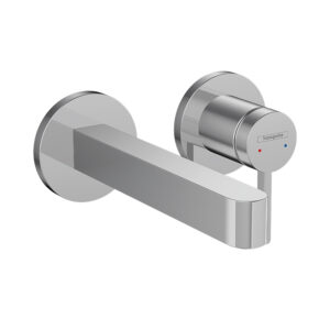 Finoris chrome, 2-hole wall-mounted basin mixer by Hansgrohe. Custom bathroom vanities and standalone basins via 3D bathroom builder.