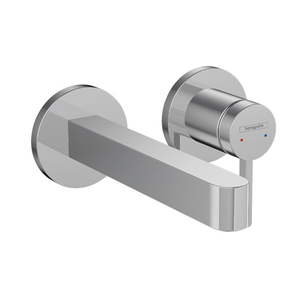 Finoris chrome, 2-hole wall-mounted basin mixer by Hansgrohe. Custom bathroom vanities and standalone basins via 3D bathroom builder.