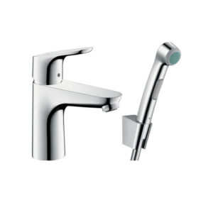 Focus 100 single lever basin mixer set with Bidette 1jet hand shower, for custom bathroom vanities. 3D bathroom builder available.