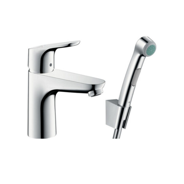 Focus 100 single lever basin mixer set with Bidette 1jet hand shower, for custom bathroom vanities. 3D bathroom builder available.