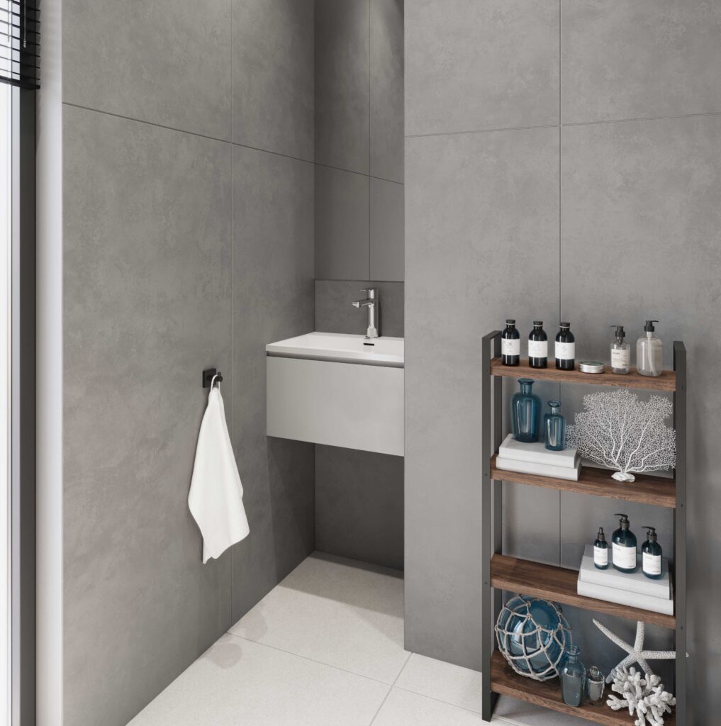 Glacier White custom bathroom vanity. Solid surface standalone basin with decor shelf. Use our 3D bathroom builder online.