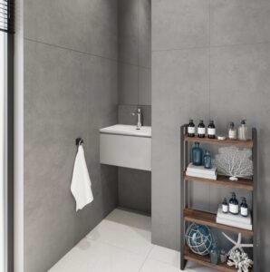 Glacier White custom bathroom vanity. Solid surface standalone basin with decor shelf. Use our 3D bathroom builder online.