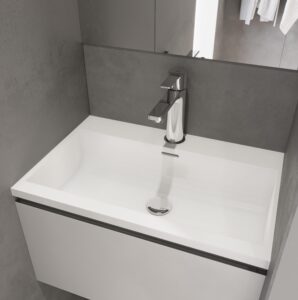 Glacier White custom bathroom vanity. Solid Surface standalone basin with modern chrome faucet. Design yours with our 3D bathroom builder.