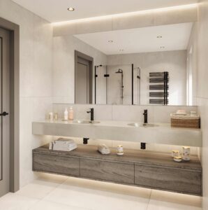 Artista Sage Corian vanity. Custom bathroom vanity with standalone basins, created with our 3D bathroom builder, solid surface.