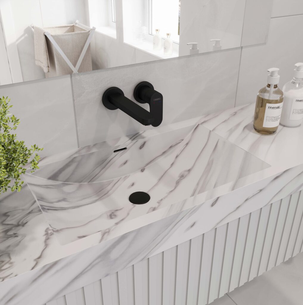 Stonecrest Smoke vanity with standalone basin. Solid Surface custom bathroom vanity, created with 3D bathroom builder.