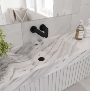 Stonecrest Smoke vanity with standalone basin. Solid Surface custom bathroom vanity, created with 3D bathroom builder.