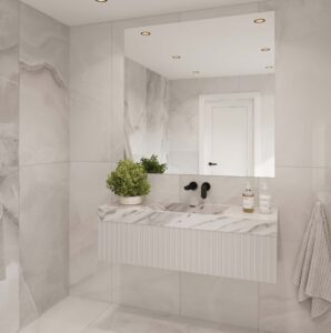 Stonecrest Smoke vanity: Custom bathroom vanity with a solid surface, standalone basin, and 3D bathroom builder design.