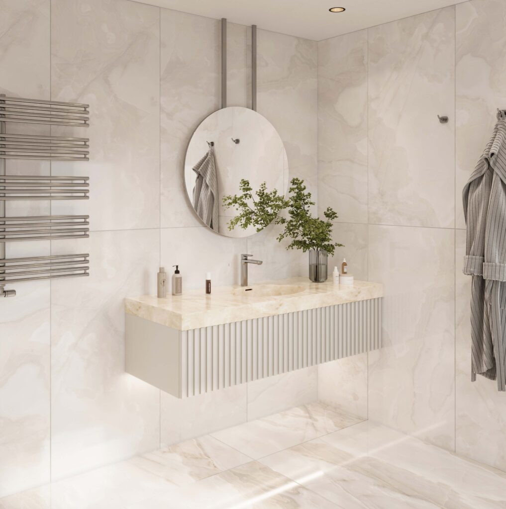 Corian Dune Prima vanity. Custom bathroom vanity with standalone basin. Solid Surface. 3D bathroom builder.