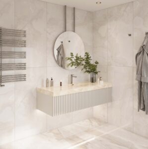 Corian Dune Prima vanity. Custom bathroom vanity with standalone basin. Solid Surface. 3D bathroom builder.
