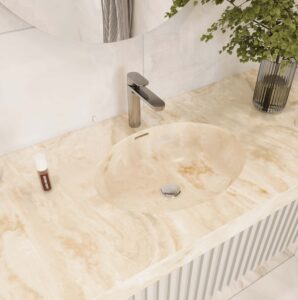 Corian Dune Prima: Custom bathroom vanity with solid surface standalone basin. 3D bathroom builder for personalized design.