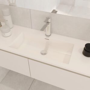 Glacier White Corian solid surface custom bathroom vanity. Modern standalone basin with 3D builder options. Create your design now!