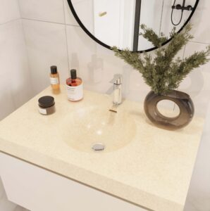 DuPont Corian Abalone custom bathroom vanity with standalone basin. Solid surface countertop with a modern faucet and decorative vase.