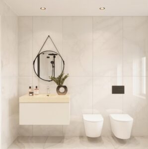 DuPont Corian Abalone bathroom featuring a solid surface vanity, round mirror, and wall-mounted toilets. 3D bathroom builder design.