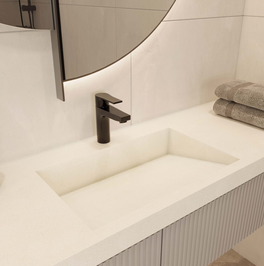Antarctica DuPont Corian vanity. Custom bathroom vanity with standalone basin, designed using our 3D bathroom builder. Solid surface.