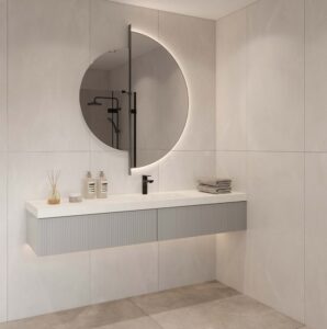 Antarctica Corian bathroom with custom vanity. Solid Surface basin and round mirror. Design your bathroom with our 3D builder.