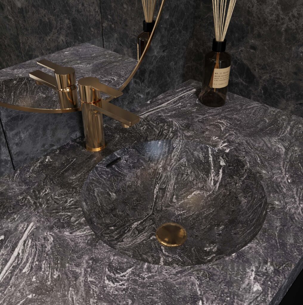 Cosmos Prima DuPont Corian vanity with a round basin and gold faucet. Custom bathroom vanity, solid surface, and standalone basin. 3D bathroom builder.