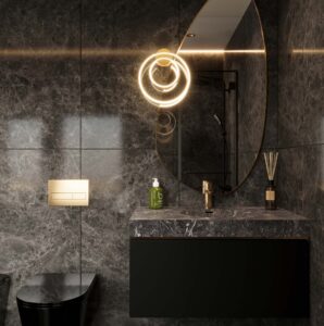 Cosmos Prima DuPont Corian custom bathroom vanity with standalone basin. 3D bathroom builder design, solid surface, black cabinet.