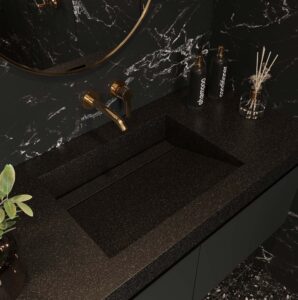 Deep Night Sky vanity with standalone basin. Custom bathroom vanities with solid surface. 3D bathroom builder for personalized design.