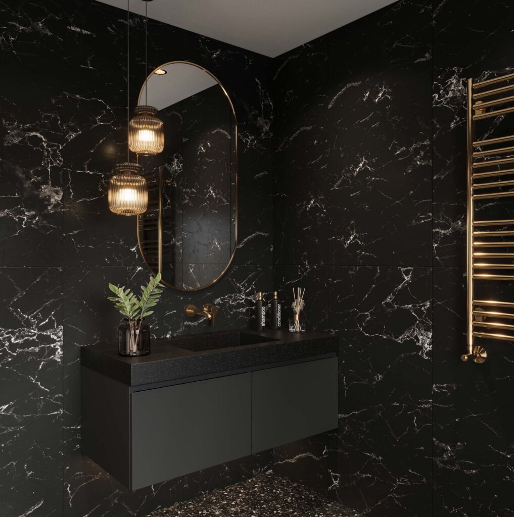 Deep Night Sky DuPont Corian custom bathroom vanity. Solid surface standalone basin with 3D builder for unique designs.