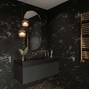 Deep Night Sky DuPont Corian custom bathroom vanity. Solid surface standalone basin with 3D builder for unique designs.