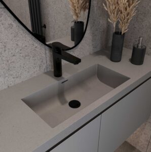 DuPont Corian Dove vanity with standalone basin. Custom bathroom vanity with solid surface, created with 3D bathroom builder.