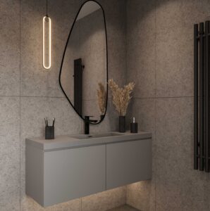 Dove Corian WC: Custom bathroom vanity with standalone basin. Solid surface, 3D bathroom builder for personalized design.