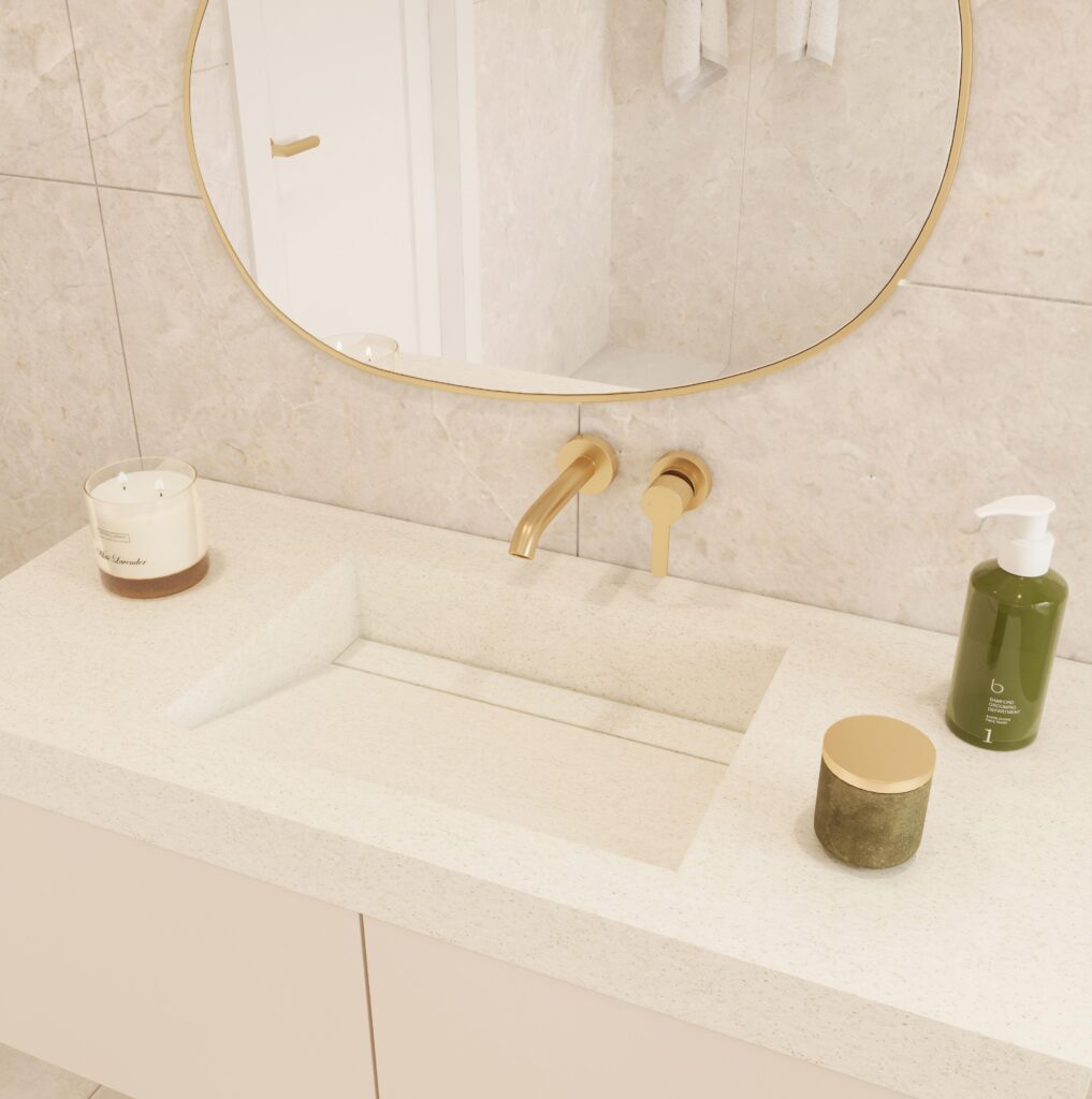 DuPont Corian Everest UB35 custom bathroom vanity. Solid surface standalone basin with gold fixtures. 3D bathroom builder design.