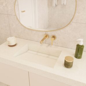 DuPont Corian Everest UB35 custom bathroom vanity. Solid surface standalone basin with gold fixtures. 3D bathroom builder design.