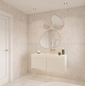 DuPont Corian Everest UB350: Custom bathroom vanity with a solid surface countertop and standalone basin. Design your 3D bathroom online.