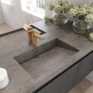 Lava Rock Corian vanity with standalone basin. Custom bathroom vanity design using our 3D bathroom builder. Solid Surface countertop.