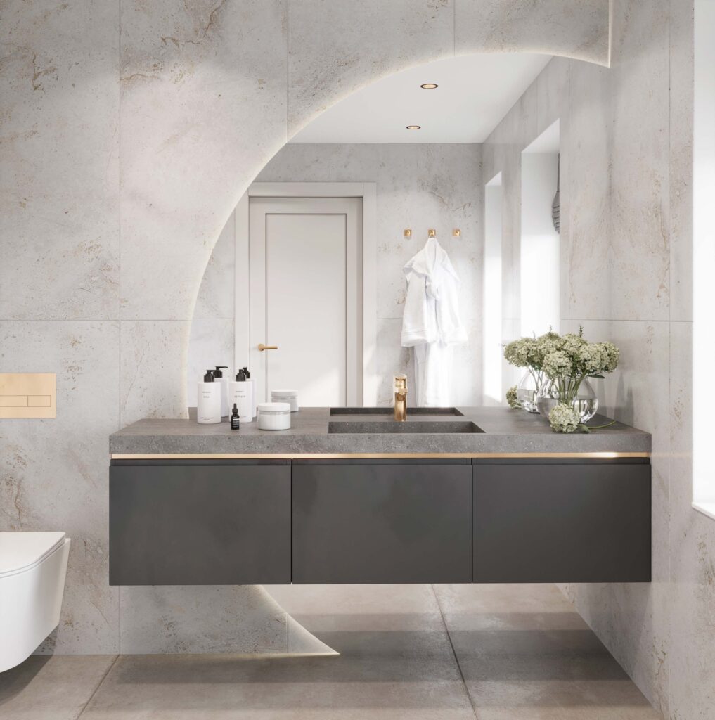 Lava Rock DuPont Corian bathroom vanity. Custom standalone basin with 3D builder options. Solid surface design for modern bathrooms.