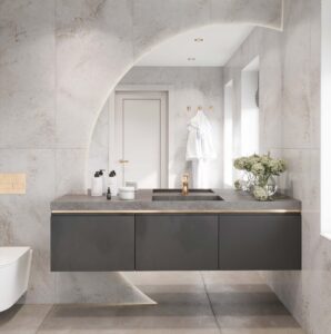 Lava Rock DuPont Corian bathroom vanity. Custom standalone basin with 3D builder options. Solid surface design for modern bathrooms.