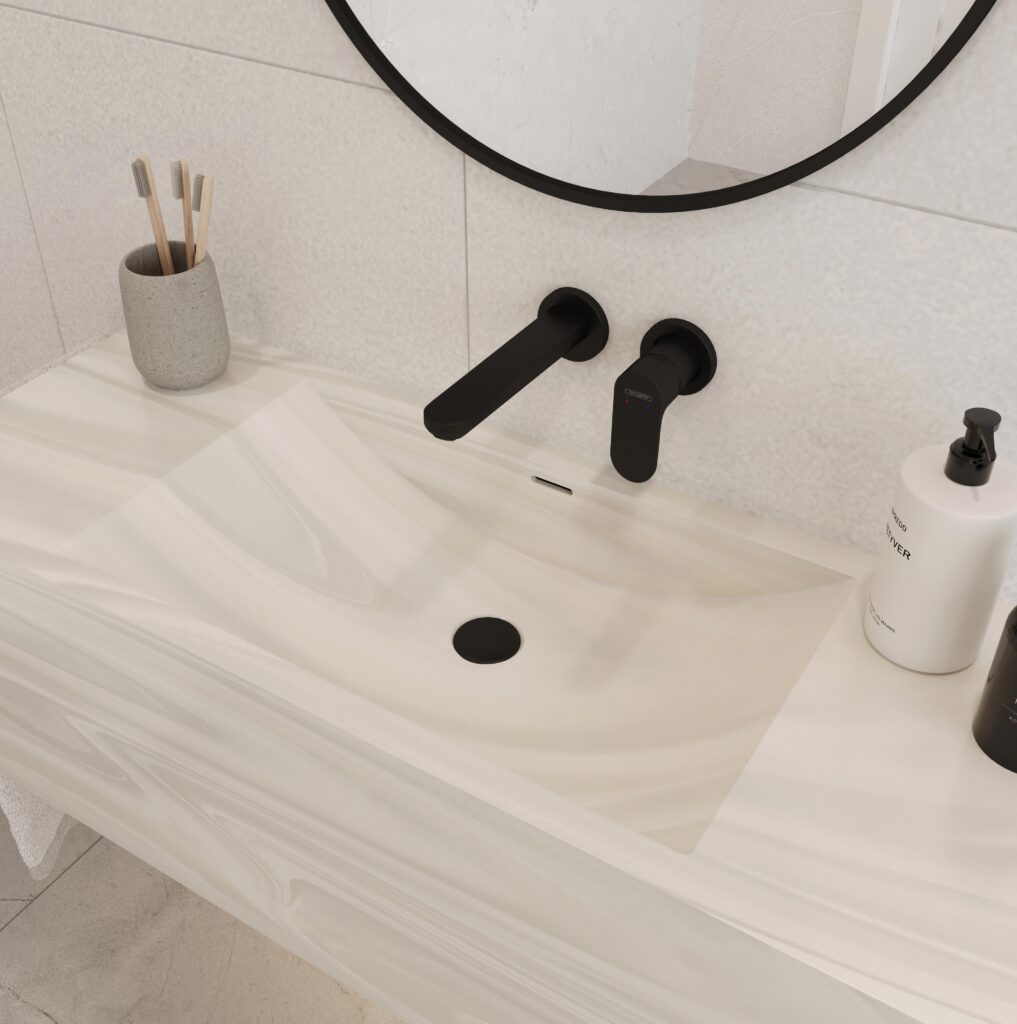 White Onyx Solid Surface vanity top with a sleek, modern design. Custom bathroom vanities, standalone basins, 3D bathroom builder.