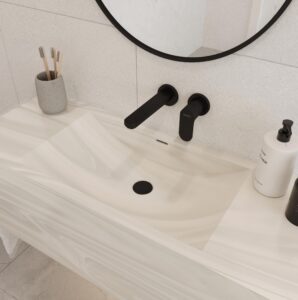 White Onyx Solid Surface vanity top with a sleek, modern design. Custom bathroom vanities, standalone basins, 3D bathroom builder.