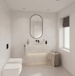 White Onyx DuPont Corian DB58 sink, a custom bathroom vanity. Solid Surface standalone basin by 3D bathroom builder.