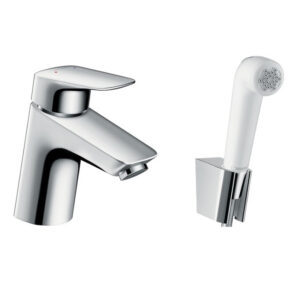 HG Logis Bidet Set: Chrome faucet and hand shower for custom bathroom vanities. Design your standalone basin with our 3D bathroom builder.
