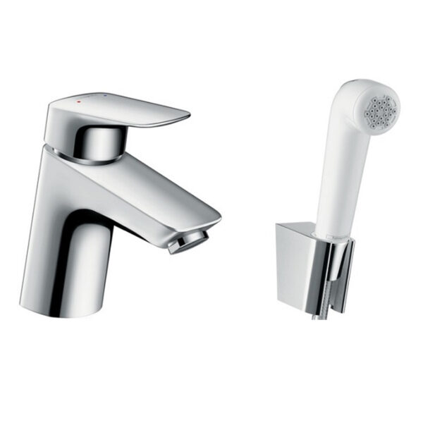 HG Logis Bidet Set: Chrome faucet and hand shower for custom bathroom vanities. Design your standalone basin with our 3D bathroom builder.