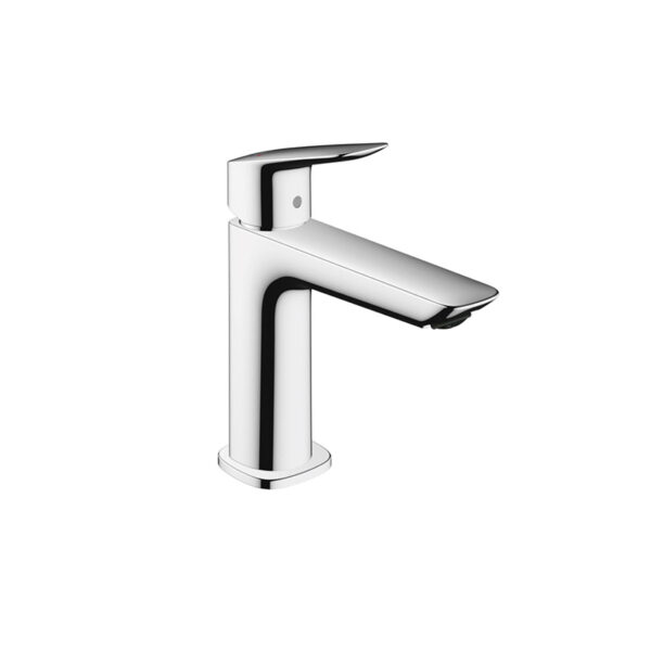 Chrome HG Logis single lever basin mixer 110 Fine push-open waste for custom bathroom vanities. 3D bathroom builder, standalone basins.