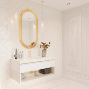 Mt.Cremo Carrara bathroom featuring a Meganite Cremo Carrara WDT23 solid surface vanity with a custom standalone basin.