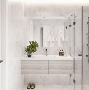 Mt.Carrara Meganite M007 vanity. Custom bathroom with a solid surface standalone basin. Use our 3D bathroom builder today!
