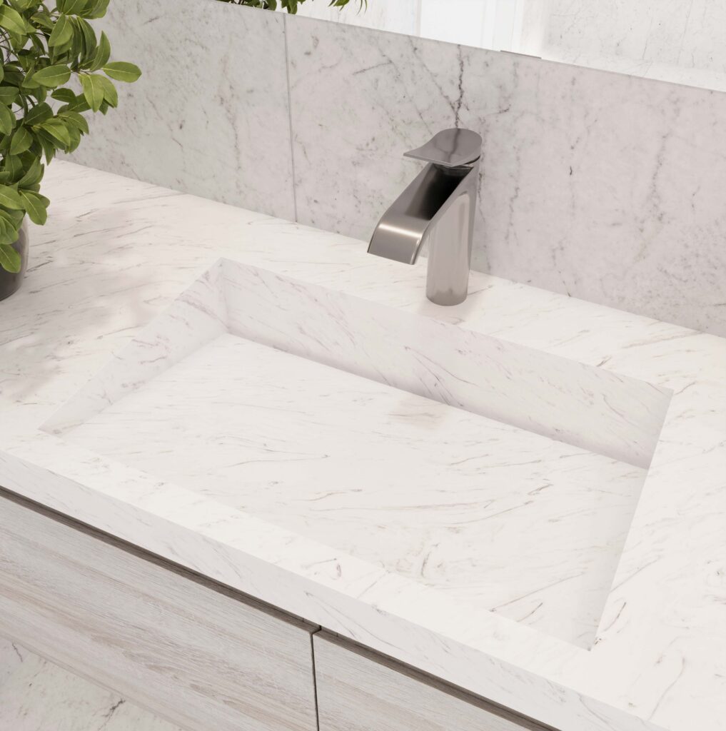 Mt.Carrara Meganite vanity. Custom bathroom vanity with standalone basin. Solid Surface. 3D bathroom builder.