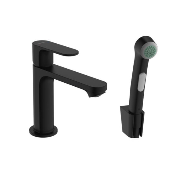 Rebris S bidette set: Matte black faucet and bidet spray. Custom bathroom vanities, solid surface, and standalone basins. 3D bathroom builder.