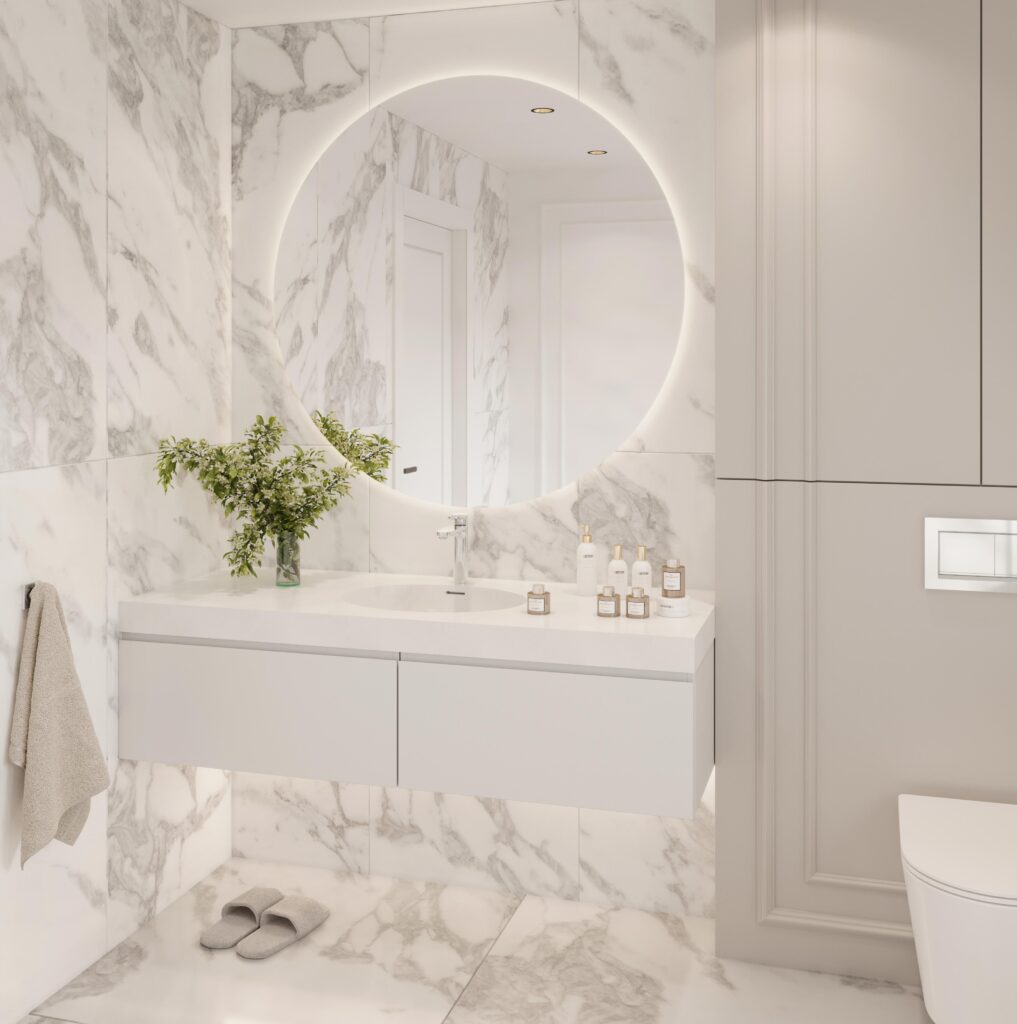 Sanded Icicle custom bathroom vanity with standalone basin. Solid surface vanity top, round mirror, and marble tile. 3D bathroom builder.