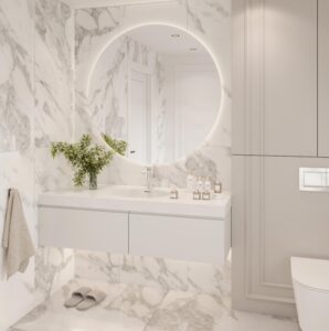 Sanded Icicle custom bathroom vanity with standalone basin. Solid surface vanity top, round mirror, and marble tile. 3D bathroom builder.