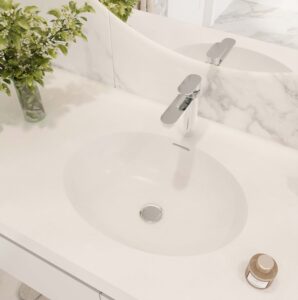 Sanded Icicle: Solid Surface standalone basin. Custom bathroom vanity design with 3D bathroom builder. Create your own bathroom sink.