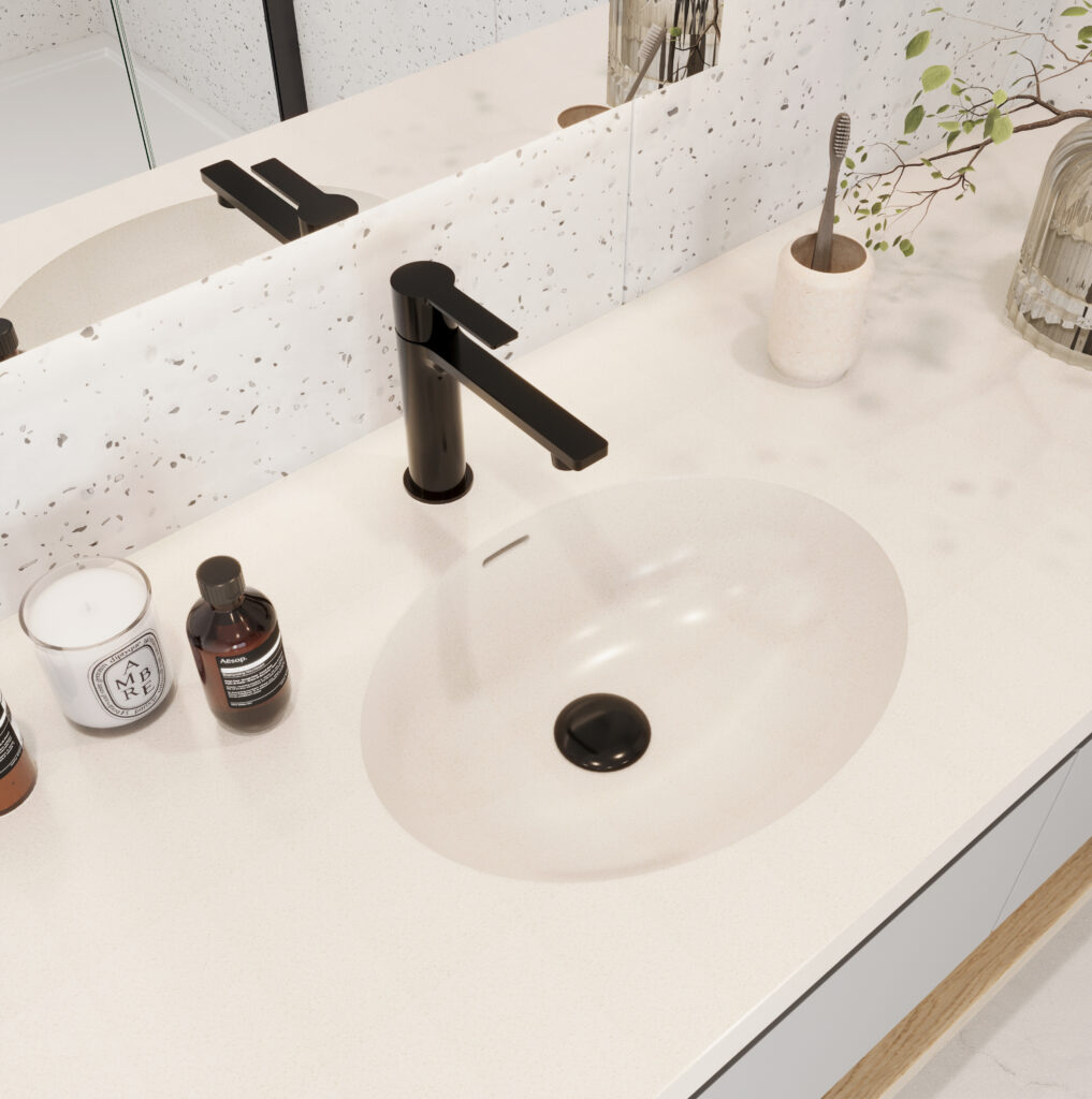 Aspen Lily Staron Solid Surface vanity top with standalone basin and black faucet. Custom bath with 3D bathroom builder options.