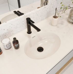Aspen Lily Staron Solid Surface vanity top with standalone basin and black faucet. Custom bath with 3D bathroom builder options.