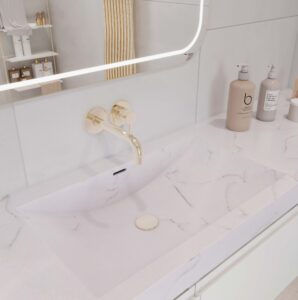 Staron Morning Sky solid surface vanity. Custom bathroom vanities with standalone basins from our 3D bathroom builder.